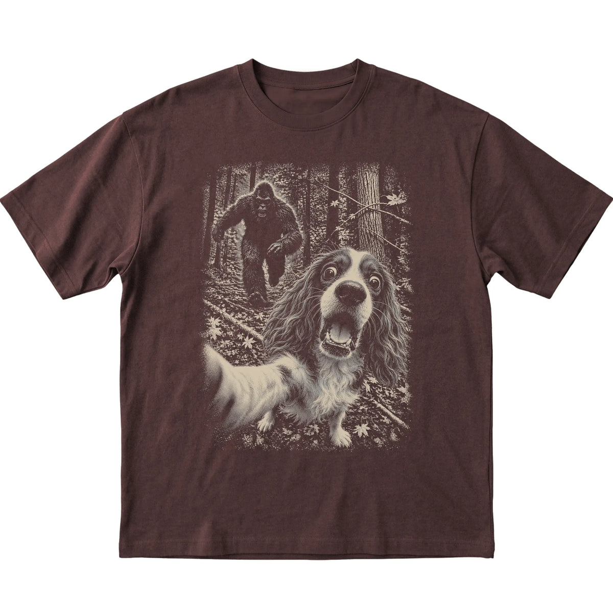 Dark Chocolate Cavalier King Charles Spaniel Bigfoot selfie T-shirt, full garment view