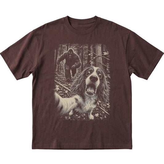 Dark Chocolate Cavalier King Charles Spaniel Bigfoot selfie T-shirt, full garment view