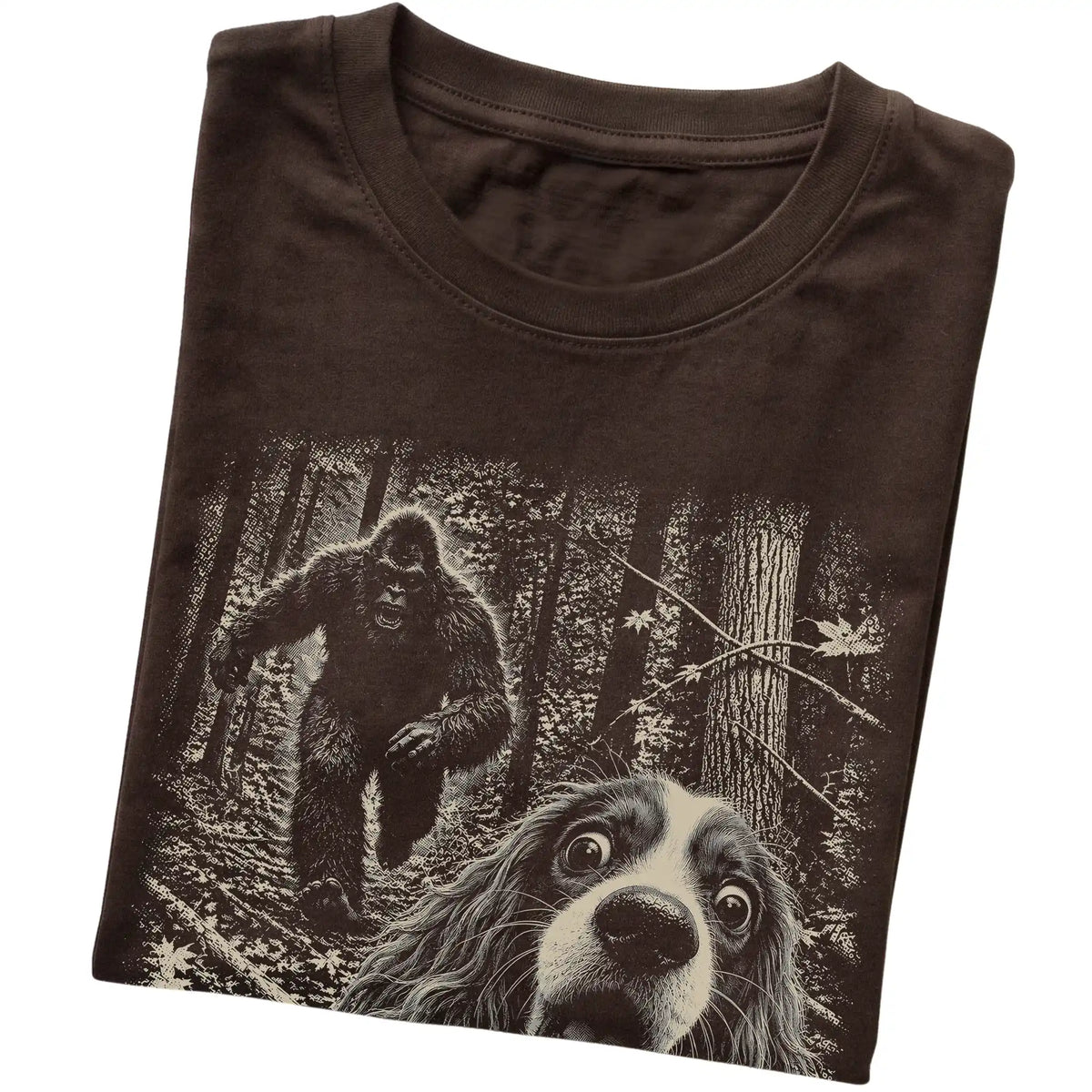 Dark Chocolate Cavalier King Charles Spaniel Bigfoot selfie T-shirt, close-up view