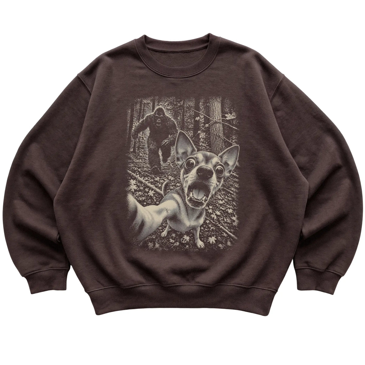 Dark Chocolate Chihuahua Bigfoot selfie sweatshirt, full garment view