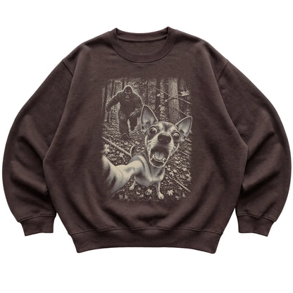 Dark Chocolate Chihuahua Bigfoot selfie sweatshirt, full garment view