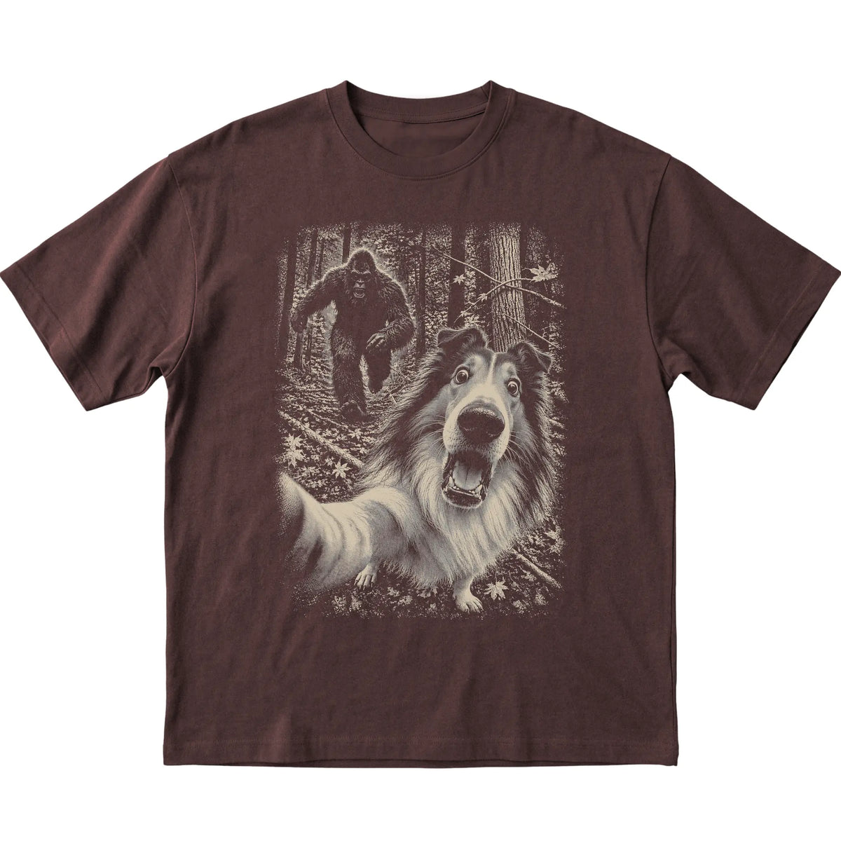 Dark Chocolate Collie Bigfoot selfie T-shirt, full garment view