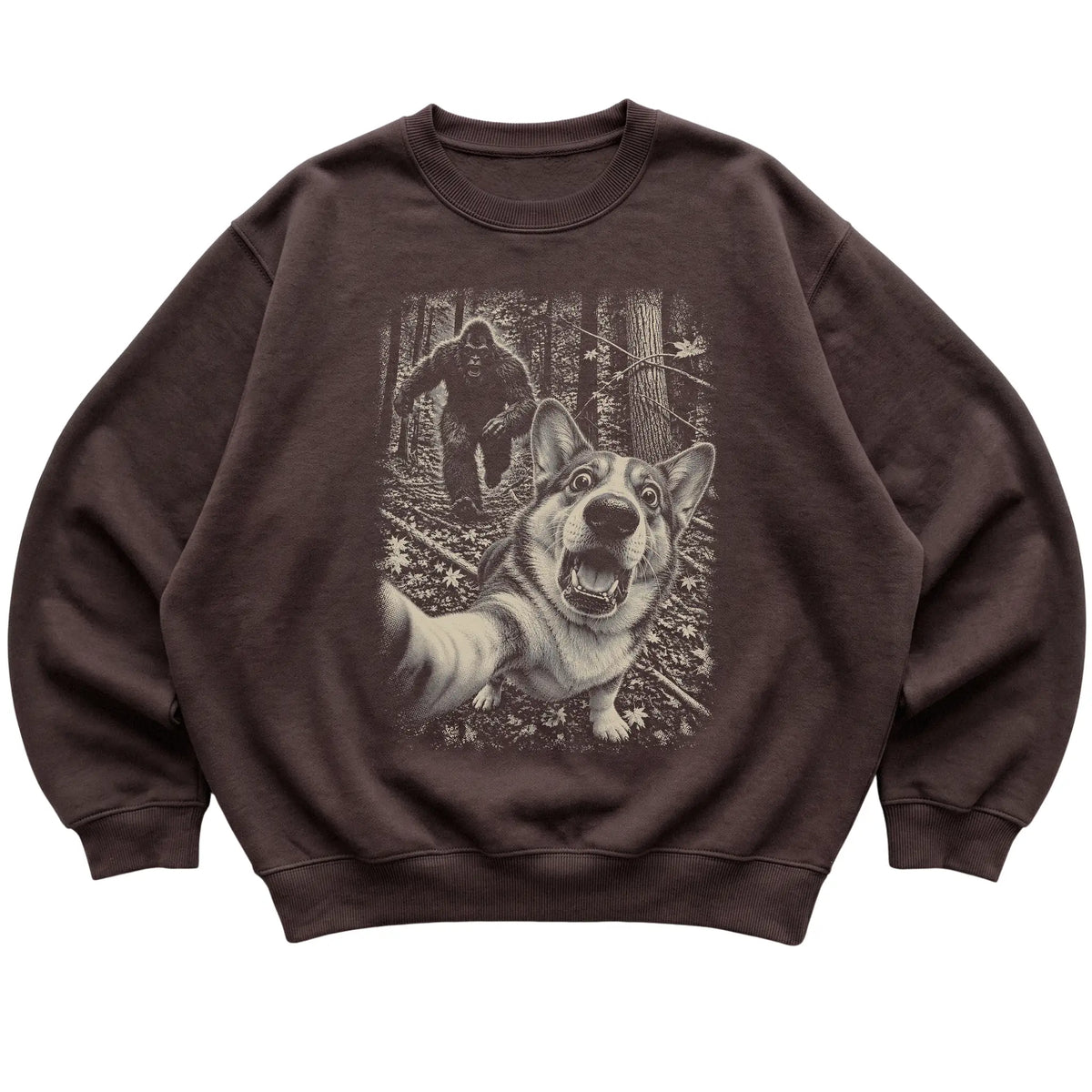 Dark Chocolate Corgi Bigfoot selfie sweatshirt, full garment view