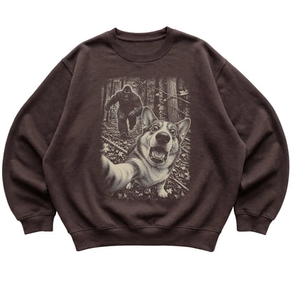 Dark Chocolate Corgi Bigfoot selfie sweatshirt, full garment view
