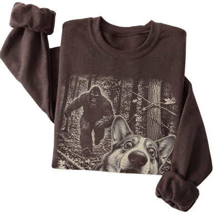 Dark Chocolate Corgi Bigfoot selfie sweatshirt, close-up view