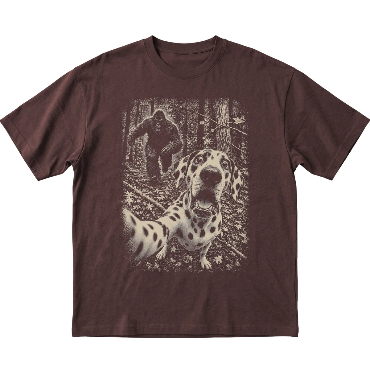 Dark Chocolate Dalmatian Bigfoot selfie T-shirt, full garment view