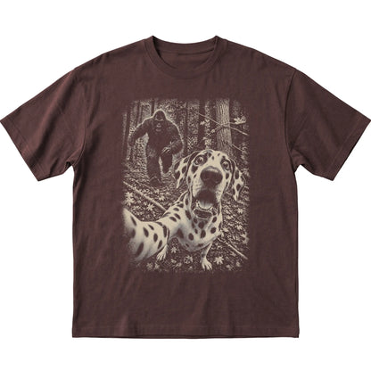 Dark Chocolate Dalmatian Bigfoot selfie T-shirt, full garment view