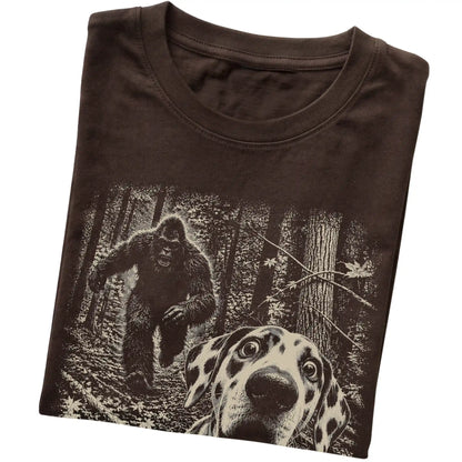 Dark Chocolate Dalmatian Bigfoot selfie T-shirt, close-up view
