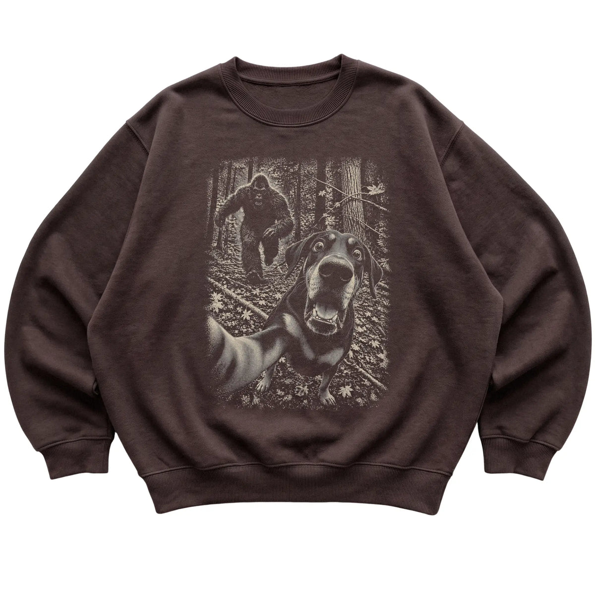 Dark Chocolate Doberman Bigfoot selfie sweatshirt, full garment view