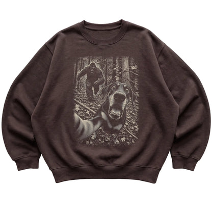 Dark Chocolate Doberman Bigfoot selfie sweatshirt, full garment view