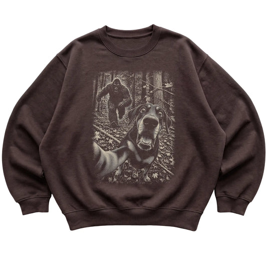 Dark Chocolate Doberman Bigfoot selfie sweatshirt, full garment view
