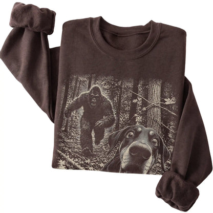 Dark Chocolate Doberman Bigfoot selfie sweatshirt, close-up view