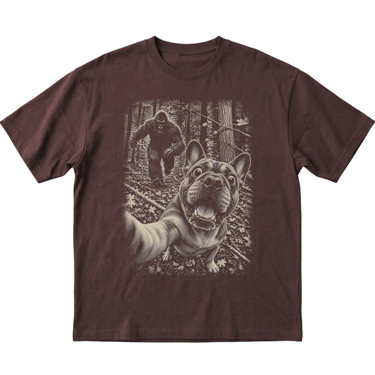 Dark Chocolate French Bulldog Bigfoot selfie T-shirt, full garment view
