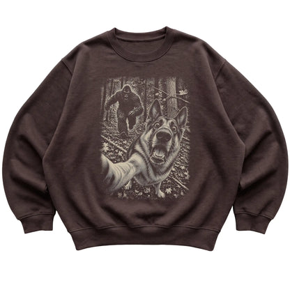 Dark Chocolate German Shepherd Bigfoot selfie sweatshirt, full garment view