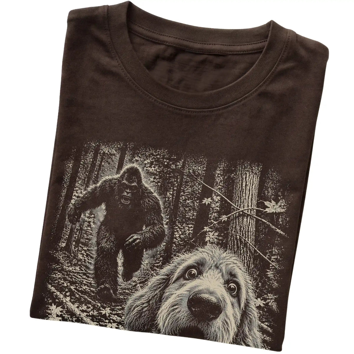 Dark Chocolate Goldendoodle Bigfoot selfie T-shirt, close-up view