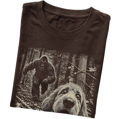 Dark Chocolate Goldendoodle Bigfoot selfie T-shirt, close-up view