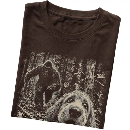 Dark Chocolate Goldendoodle Bigfoot selfie T-shirt, close-up view