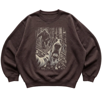 Dark Chocolate Great Dane Bigfoot selfie sweatshirt, full garment view