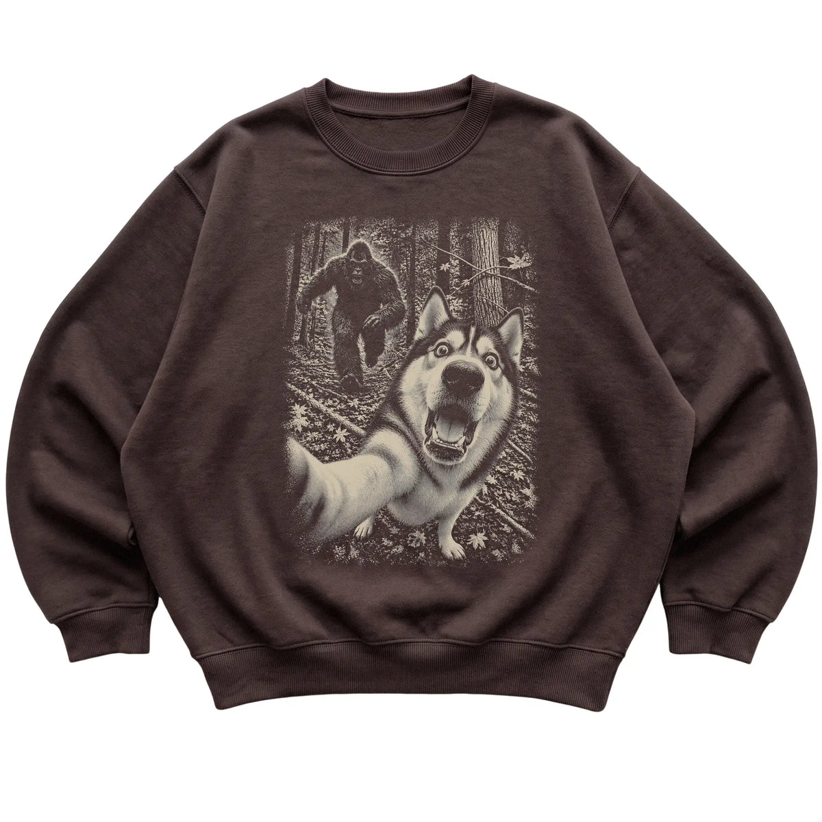 Dark Chocolate Husky Bigfoot selfie sweatshirt, full garment view