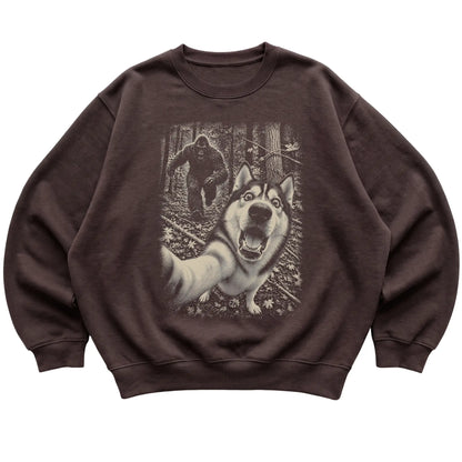 Dark Chocolate Husky Bigfoot selfie sweatshirt, full garment view