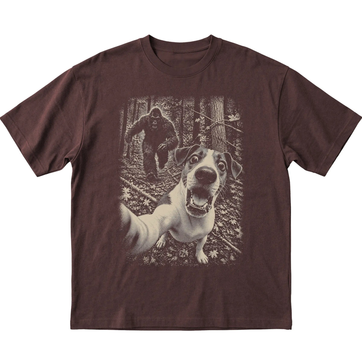 Dark Chocolate Jack Russell Bigfoot selfie T-shirt, full garment view