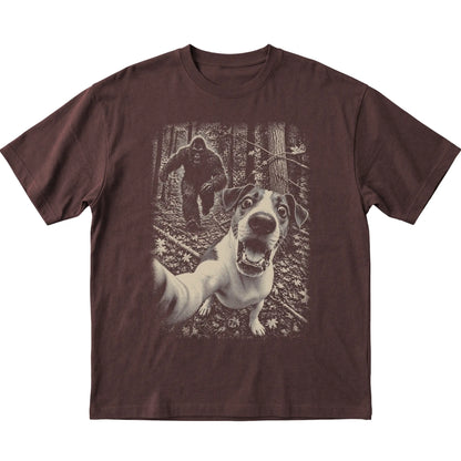 Dark Chocolate Jack Russell Bigfoot selfie T-shirt, full garment view