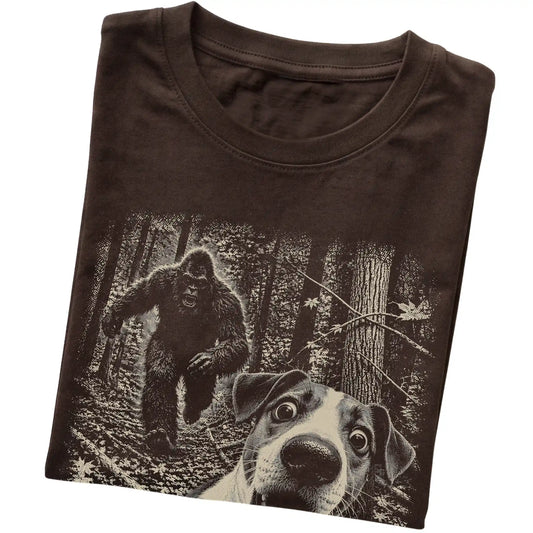 Dark Chocolate Jack Russell Bigfoot selfie T-shirt, close-up view