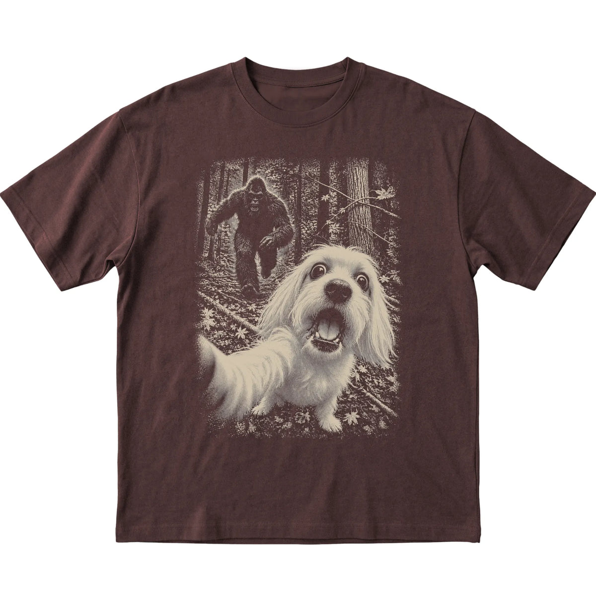 Dark Chocolate Maltese Bigfoot selfie T-shirt, full garment view