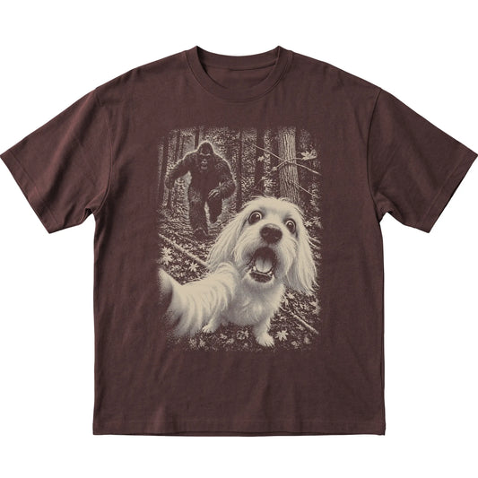 Dark Chocolate Maltese Bigfoot selfie T-shirt, full garment view