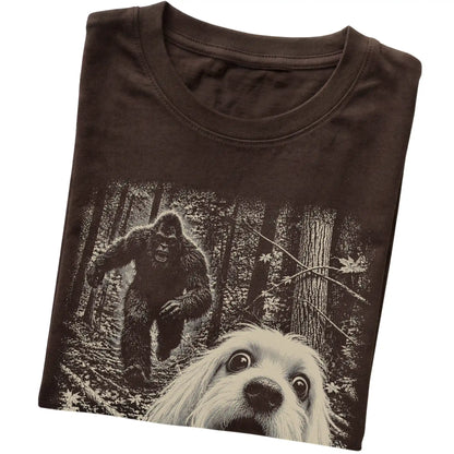 Dark Chocolate Maltese Bigfoot selfie T-shirt, close-up view