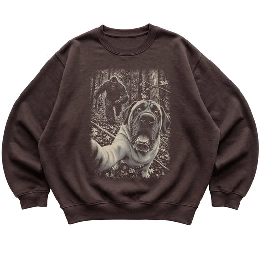 Dark Chocolate Mastiff Bigfoot selfie sweatshirt, full garment view