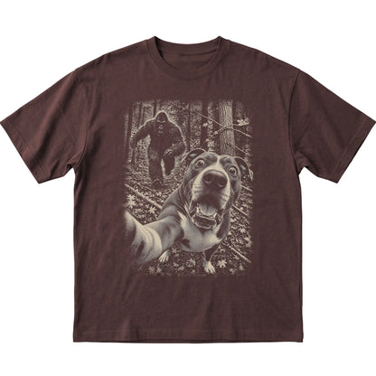 Dark Chocolate Pitbull Bigfoot selfie T-shirt, full garment view