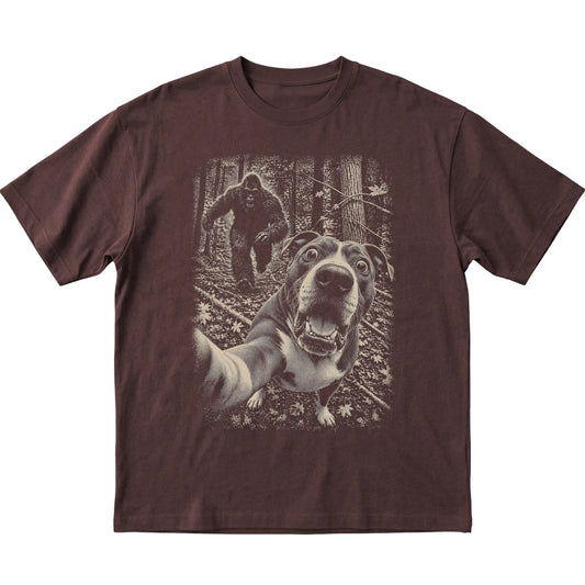 Dark Chocolate Pitbull Bigfoot selfie T-shirt, full garment view