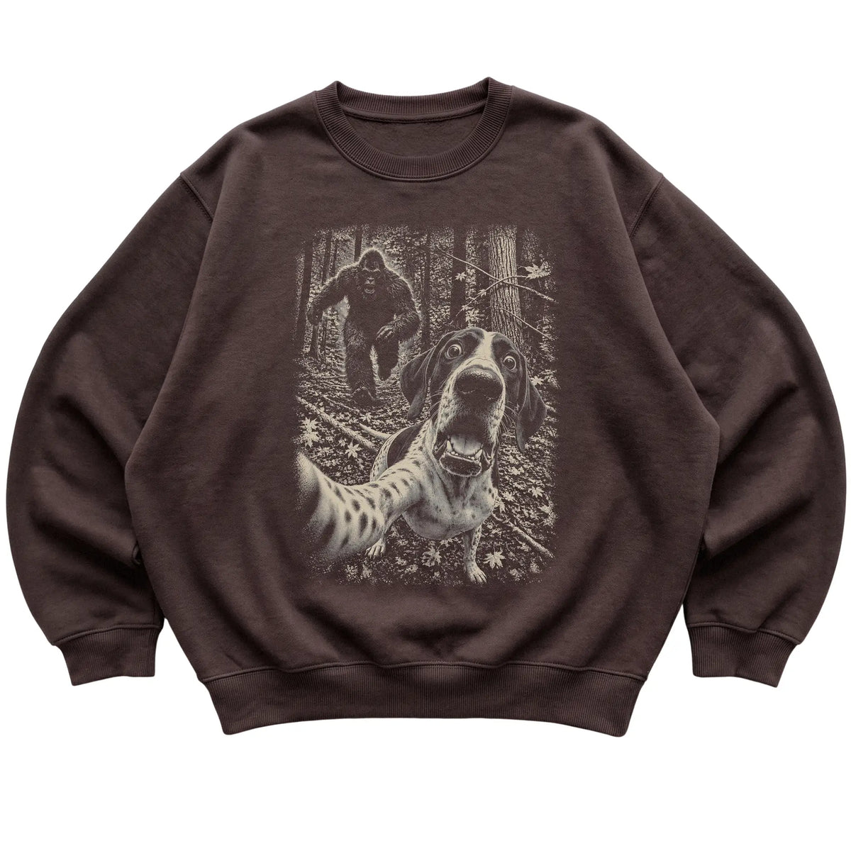 Dark Chocolate Pointer Bigfoot selfie sweatshirt, full garment view