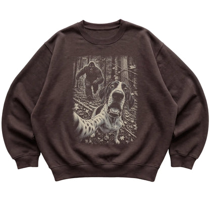 Dark Chocolate Pointer Bigfoot selfie sweatshirt, full garment view