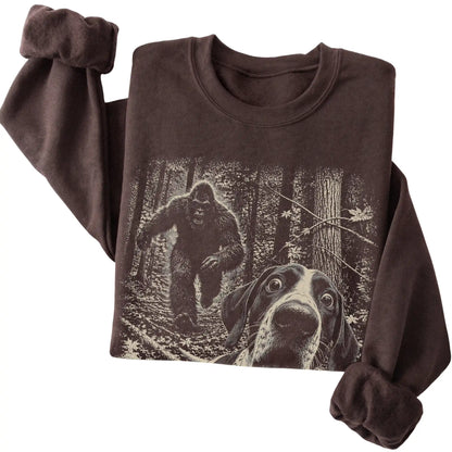 Dark Chocolate Pointer Bigfoot selfie sweatshirt, close-up view