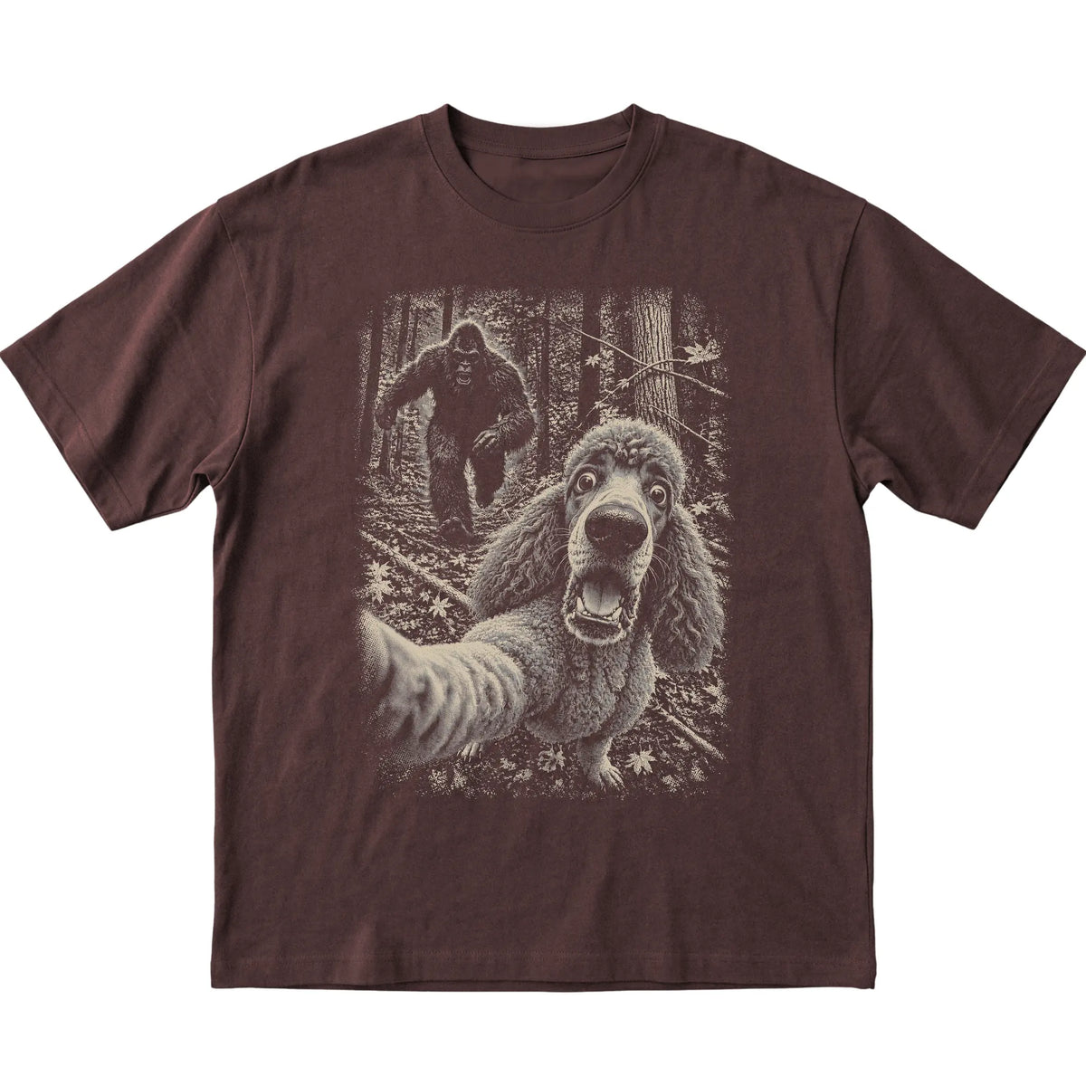 Dark Chocolate Poodle Bigfoot selfie T-shirt, full garment view