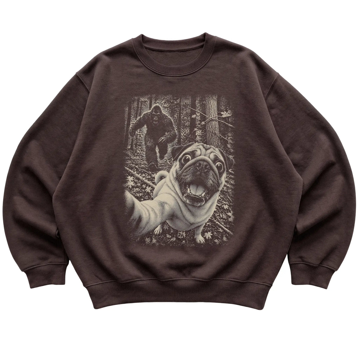 Dark Chocolate Pug Bigfoot selfie sweatshirt, full garment view