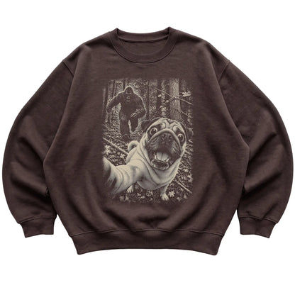 Dark Chocolate Pug Bigfoot selfie sweatshirt, full garment view