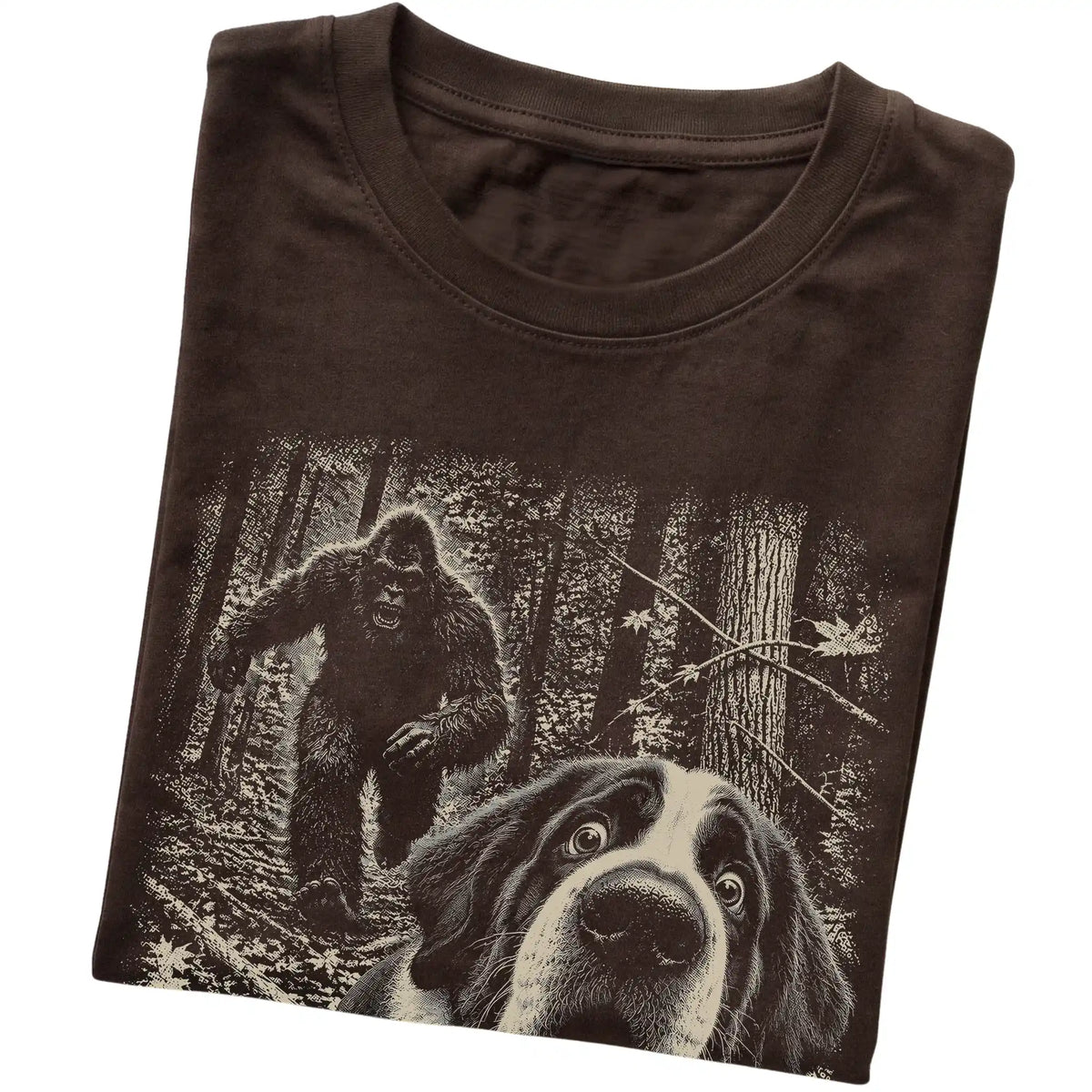 Dark Chocolate Saint Bernard Bigfoot selfie T-shirt, close-up view
