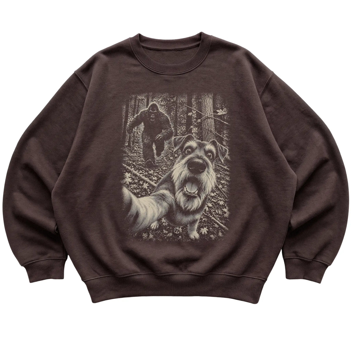 Dark Chocolate Schnauzer Bigfoot selfie sweatshirt, full garment view