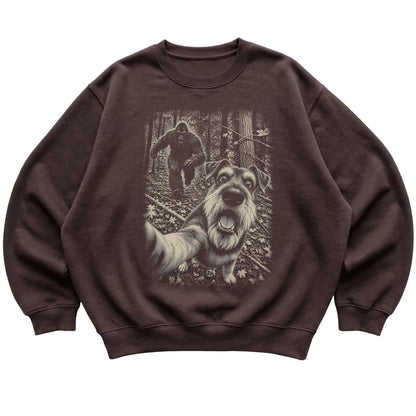 Dark Chocolate Schnauzer Bigfoot selfie sweatshirt, full garment view