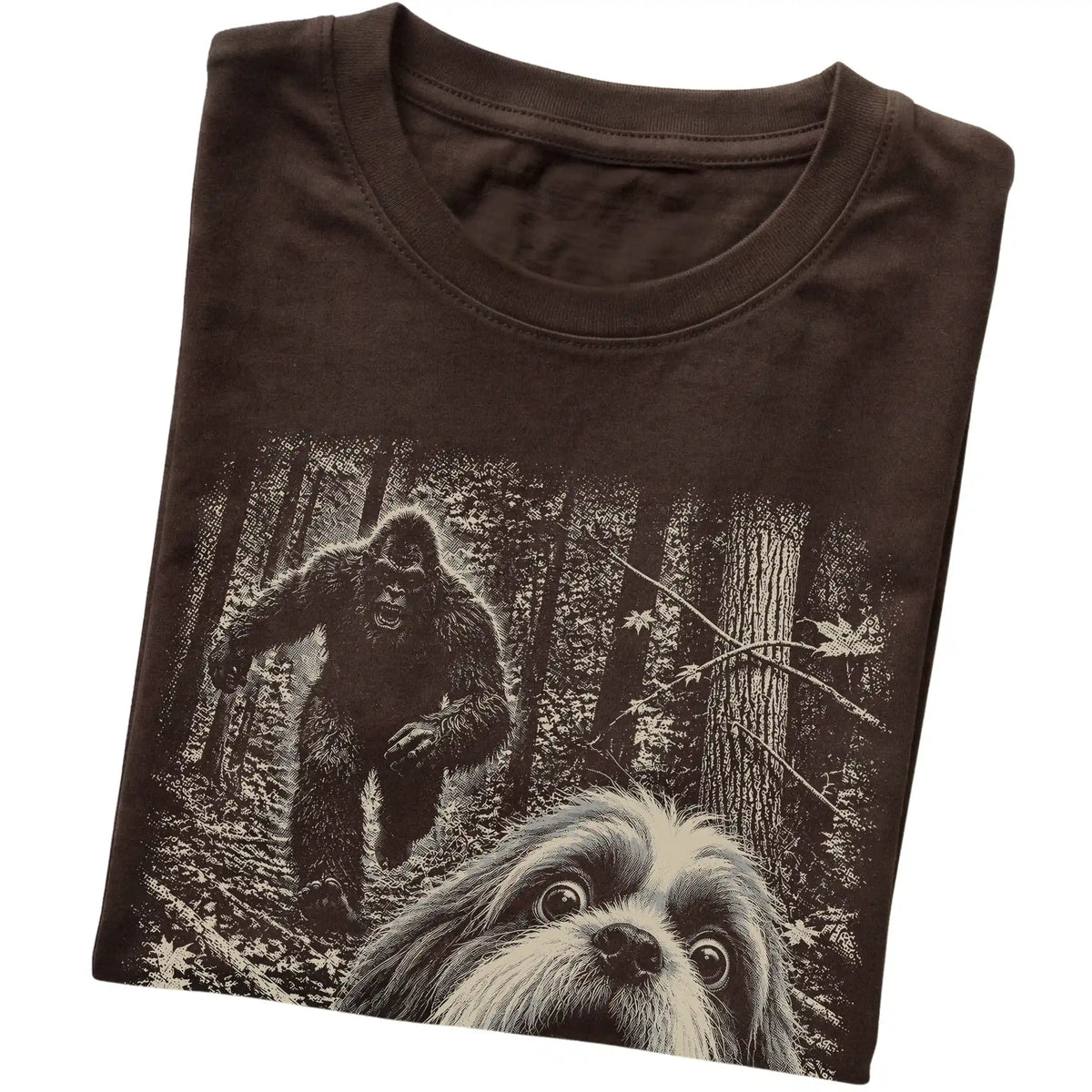Dark Chocolate Shih Tzu Bigfoot selfie T-shirt, close-up view