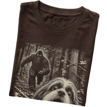 Dark Chocolate Shih Tzu Bigfoot selfie T-shirt, close-up view