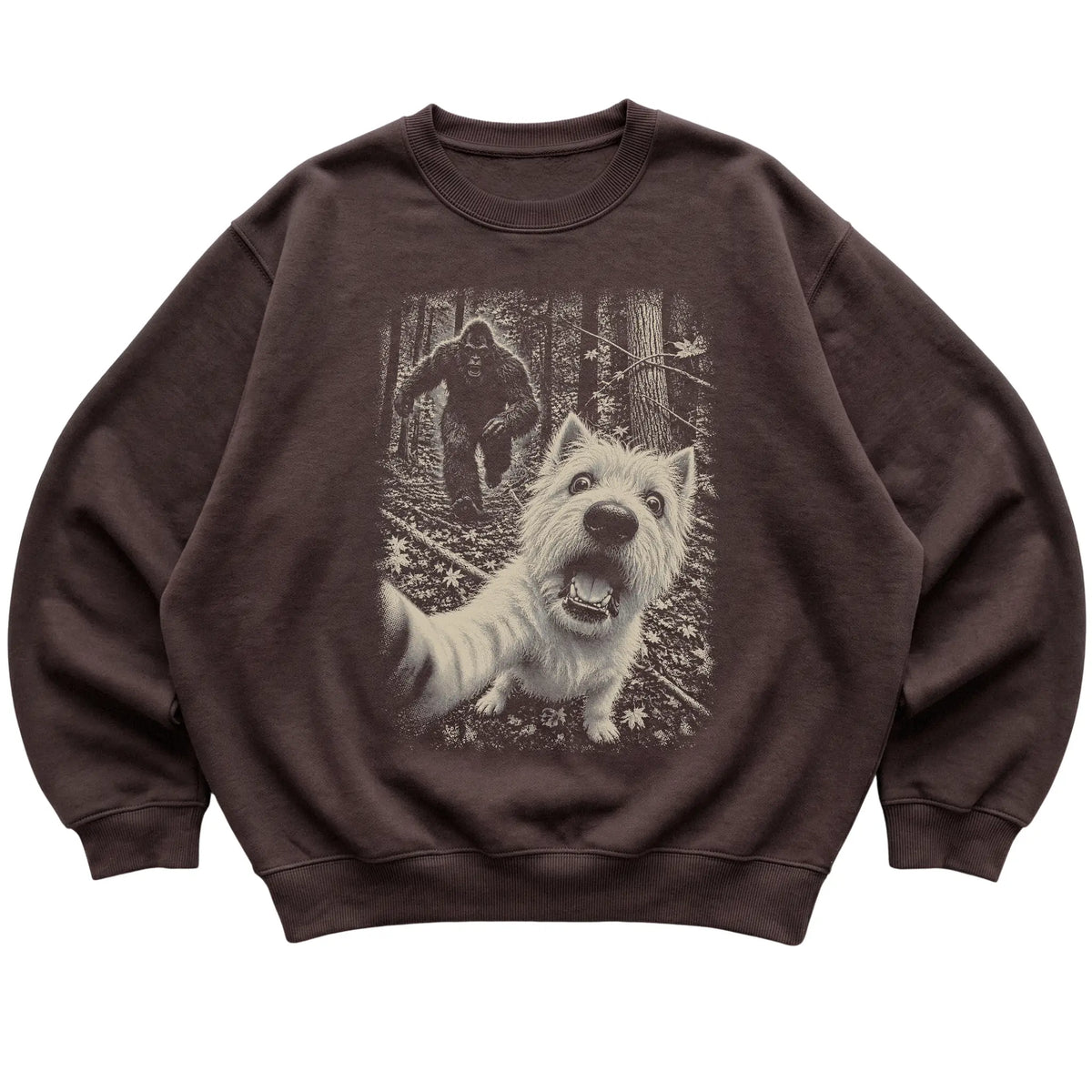 Dark Chocolate Westie Bigfoot selfie sweatshirt, full garment view
