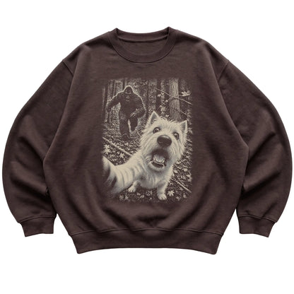 Dark Chocolate Westie Bigfoot selfie sweatshirt, full garment view
