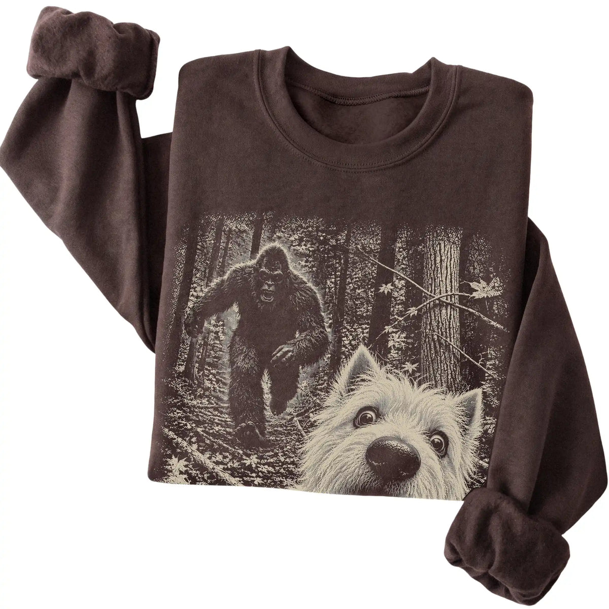 Dark Chocolate Westie Bigfoot selfie sweatshirt, close-up view