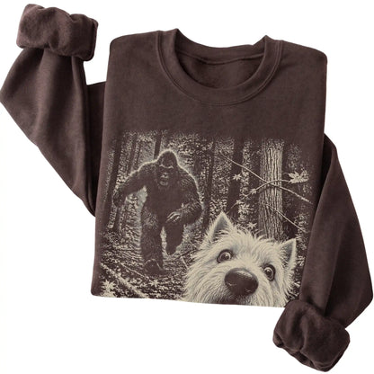 Dark Chocolate Westie Bigfoot selfie sweatshirt, close-up view