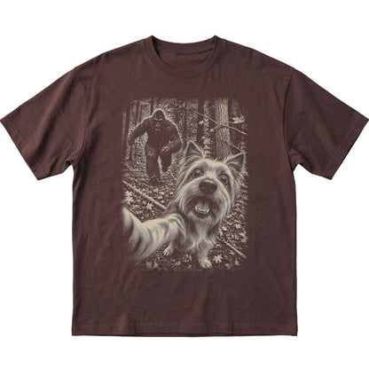 Dark Chocolate Yorkie Bigfoot selfie T-shirt, full garment view