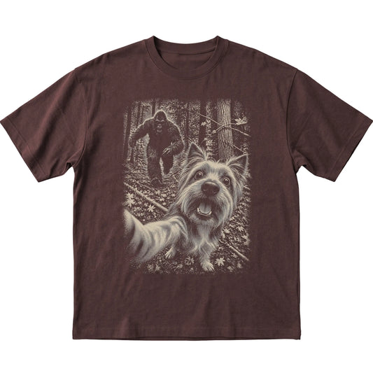 Dark Chocolate Yorkie Bigfoot selfie T-shirt, full garment view